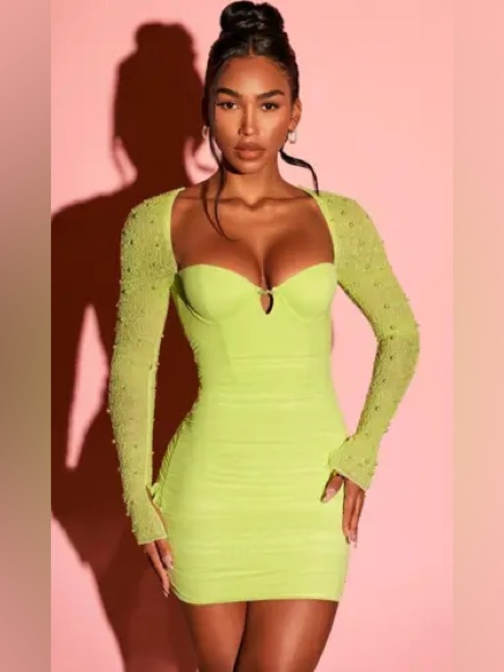 Oh Polly ST. GERMAIN Embellished Long Sleeve Mini Dress in Lime NWT Sz 0 US/4 UK